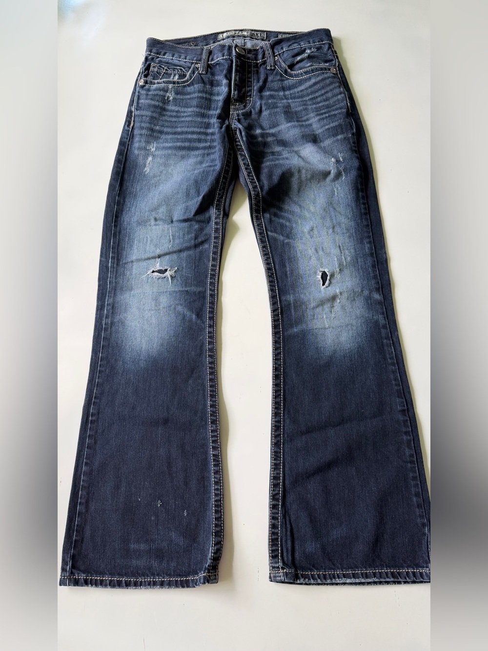BKE Fulton Bootcut Jeans Mens 30R Blue Button Fly Thick Stitch Western Distr.